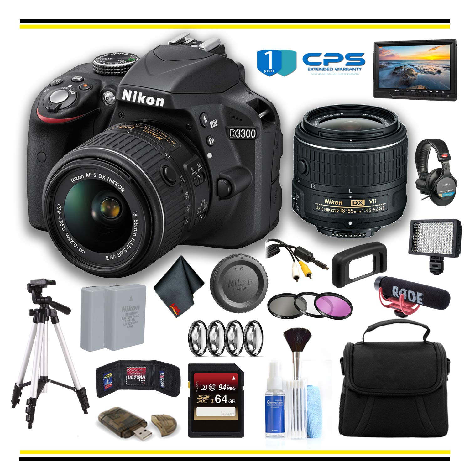 Nikon D3300 DSLR Camera with 18-55mm Lens 1532 Professional Bundle W/Bag, Extra Battery, LED Light, Mic, Filters, Tripod, Monitor and More