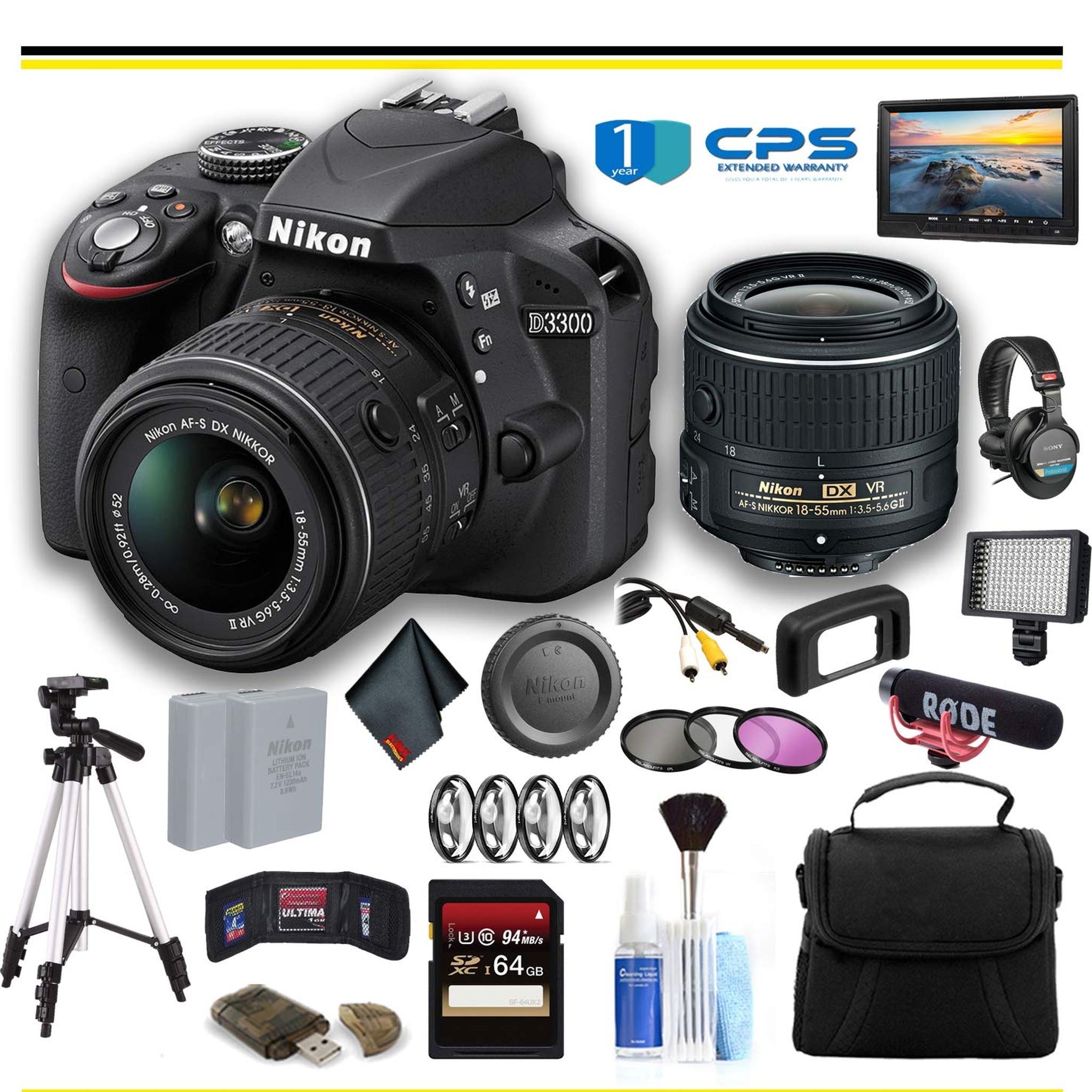 Nikon D3300 DSLR Camera with 18-55mm Lens 1532 Professional Bundle W/Bag, Extra Battery, LED Light, Mic, Filters, Tripod, Monitor and More