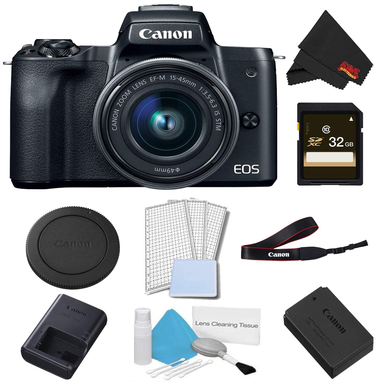 Canon EOS M50 Mirrorless Digital Camera with 15-45mm Lens Black Basic Bundle w/ 32GB Memory Card - International Model