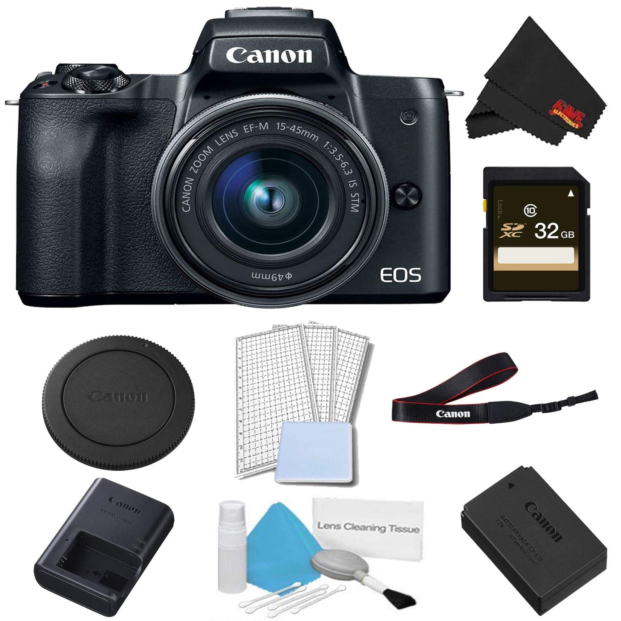 Canon EOS M50 Mirrorless Digital Camera with 15-45mm Lens Black Basic Bundle w/ 32GB Memory Card - International Model Canon