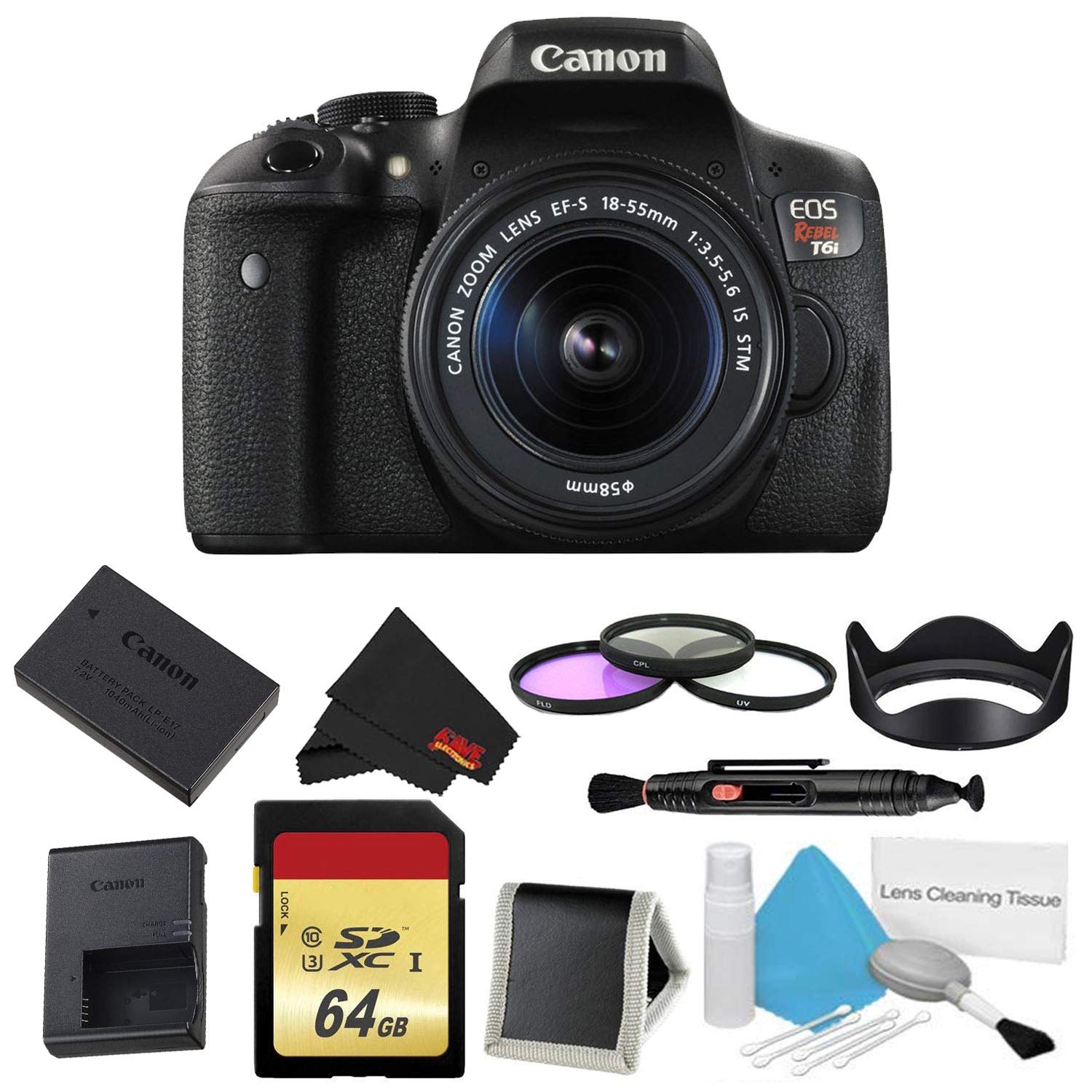 Canon EOS Rebel T6i DSLR Camera with 18-55mm Lens 3 Piece Filter & Memory Kit - International Model