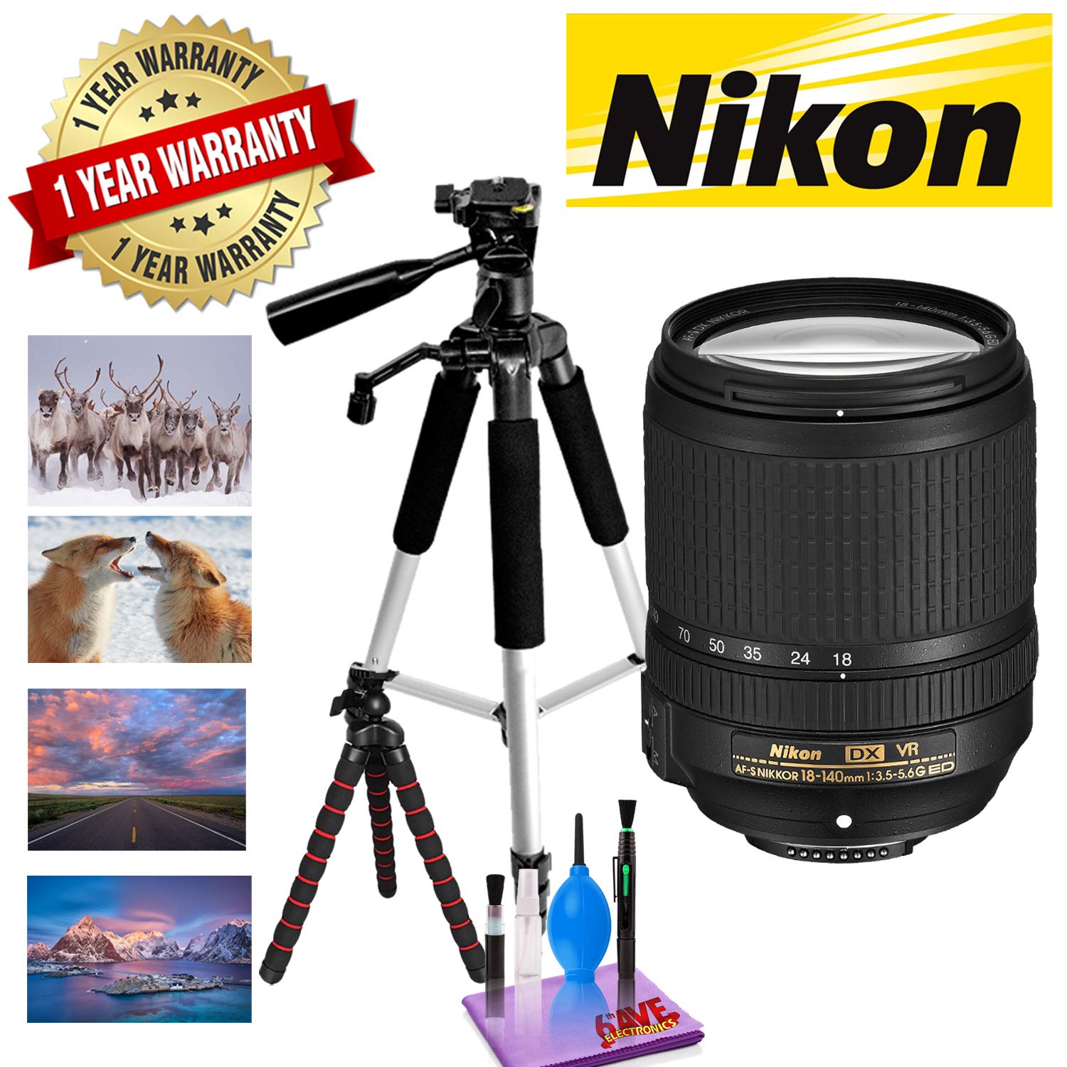 NIKON 18-140MM F/3.5-5.6G ED AF-S DX VR Lens with 1 Year Warranty, 12 in Flexible Tripod and 72 in Professional Heavy Al