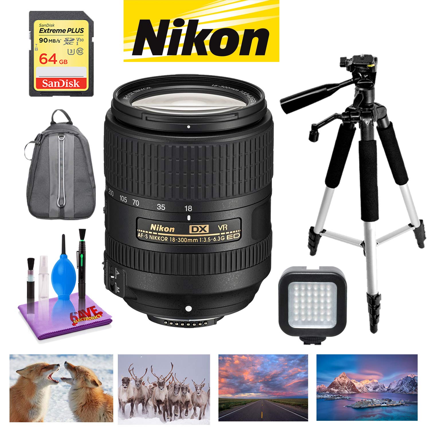 NIKON 18-300MM F/3.5-6.3G ED AF-S DX VR Lens with Sandisk 64GB Memory, Portable LED Light, and Deluxe Padded Backpack Bundle