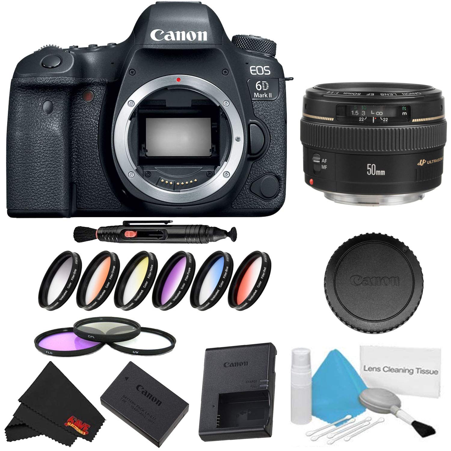 Canon EOS 6D Mark II DSLR Camera (Body Only) 9 Piece Filter Bundle + Canon EF 50mm f/1.4 USM Lens - International Model