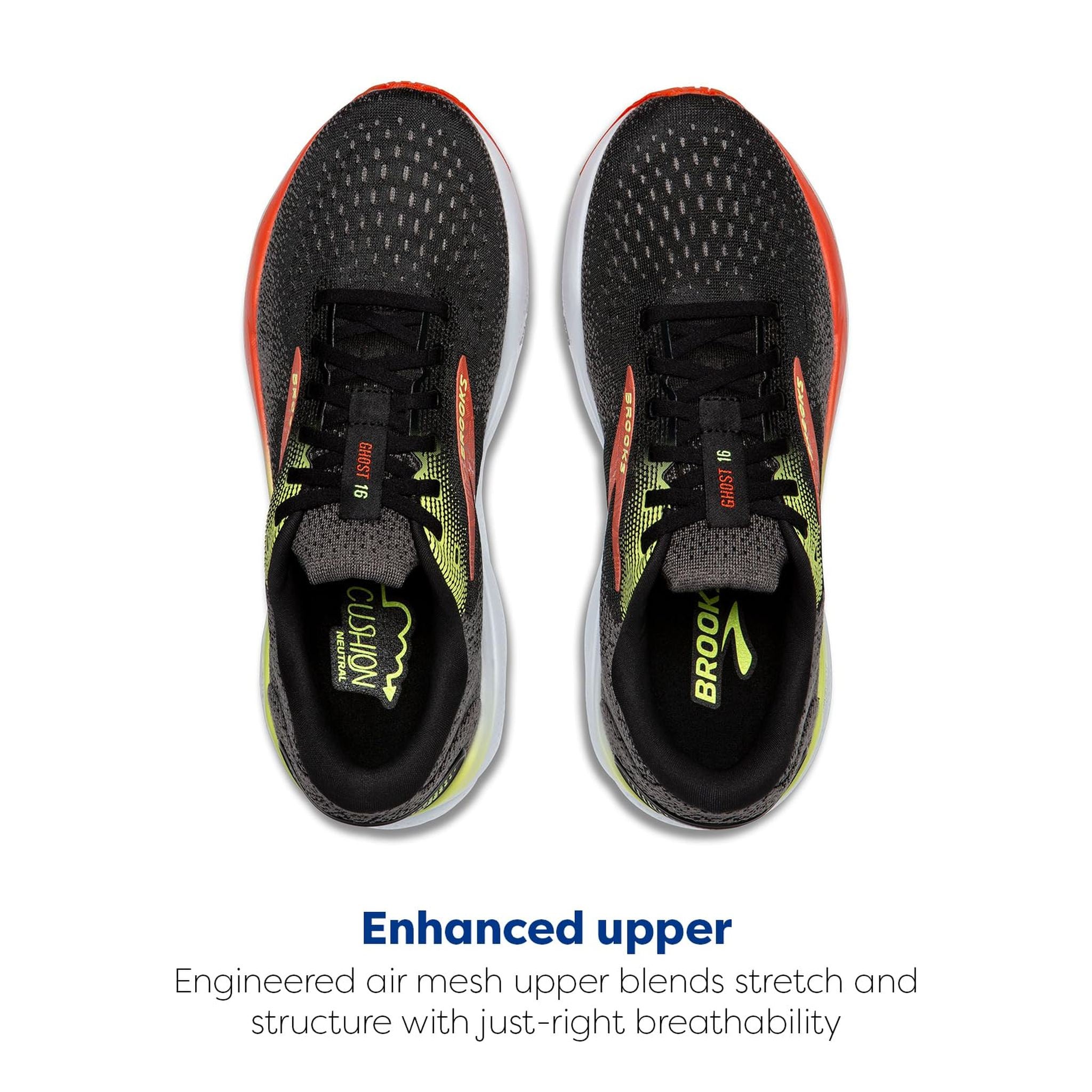 Brooks Men’s Ghost 16 Neutral Running Shoe - Black/Mandarin Red/Green - 11.5 Wide