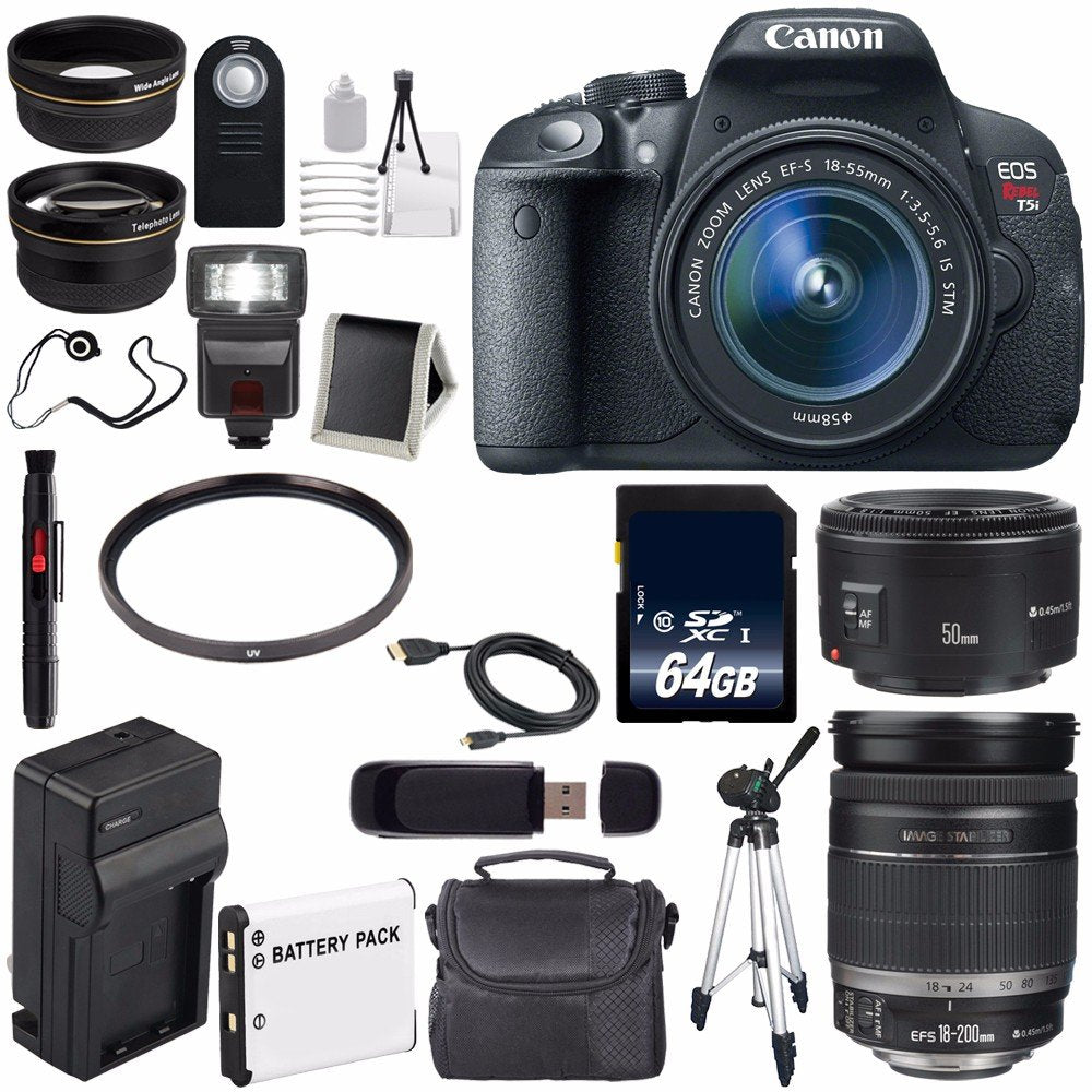 Canon EOS Rebel T5i 18 MP CMOS Digital SLR Camera w/EF-S 18-55mm f/3.5-5.6 Lens (International Model) + Canon EF 50mm f/