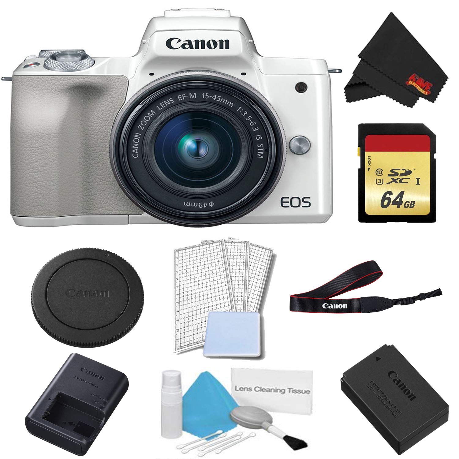 Canon EOS M50 Mirrorless Digital Camera with 15-45mm Lens White Basic Bundle w/ 64GB Memory Card - International Model