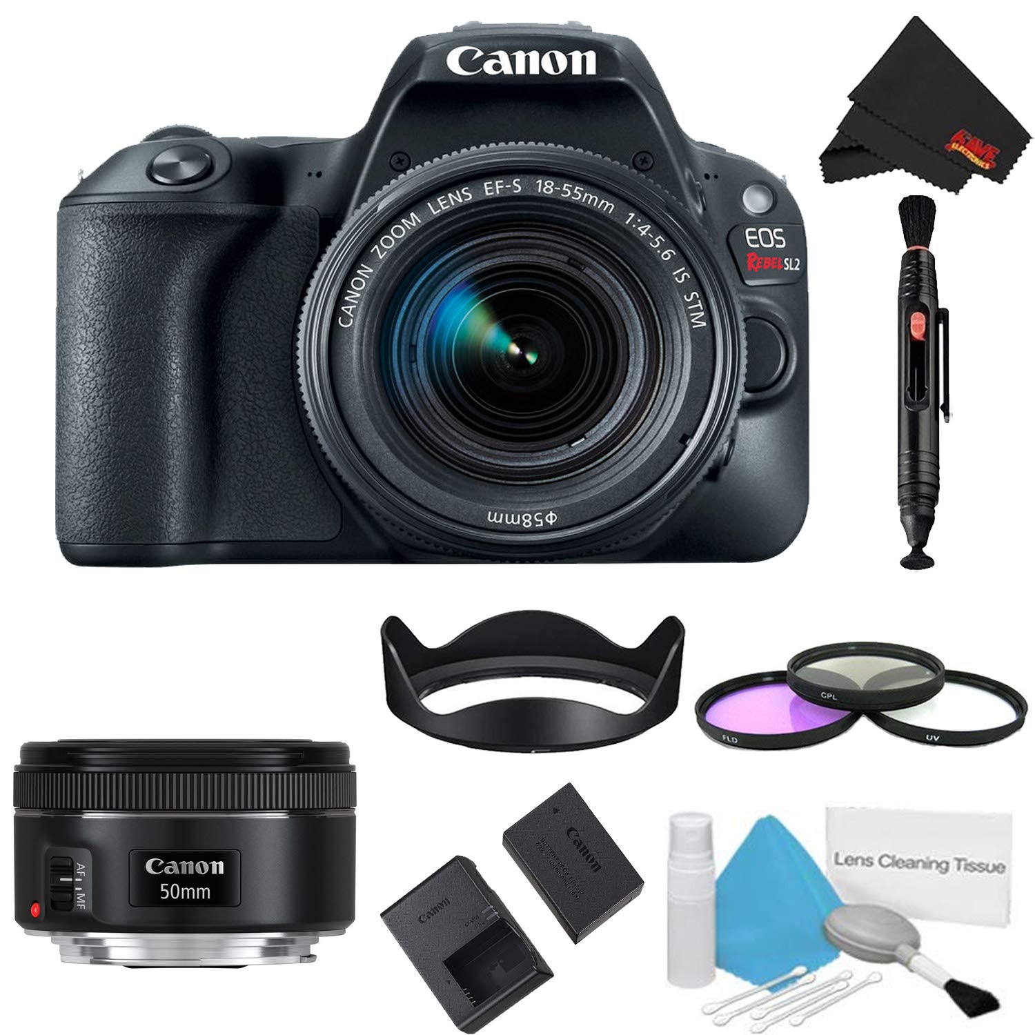 Canon EOS Rebel SL2 DSLR Camera with 18-55mm Lens (Black) 3 Piece Filter Kit + 50mm Lens (International Model)