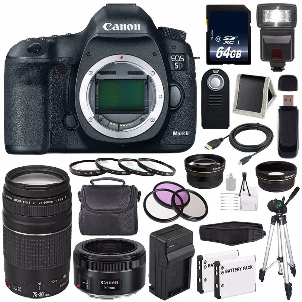 Canon EOD 5D III Digital Camera International Model + Canon EF 75-300 III+ EF 50mm f/1.8 STM Lens Starter Bundle