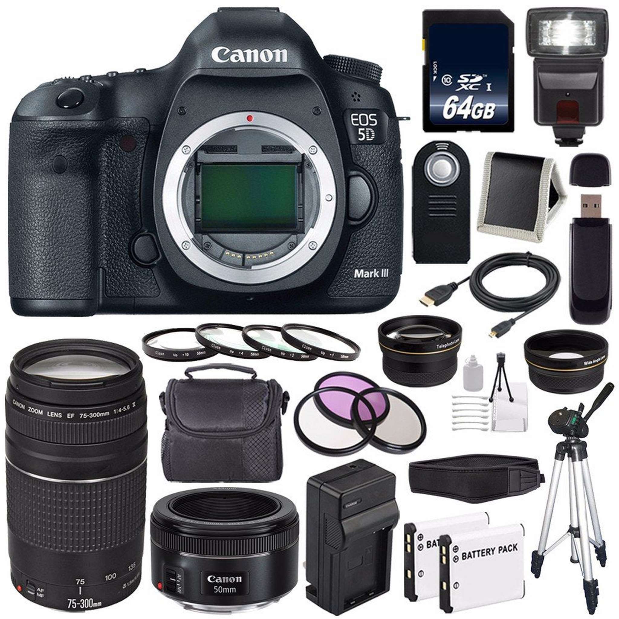 Canon EOD 5D III Digital Camera International Model + Canon EF 75-300 III+ EF 50mm f/1.8 STM Lens + LP-E6 Replacement Battery + Charger + 64GB SDXC Card Bundle - Used Canon