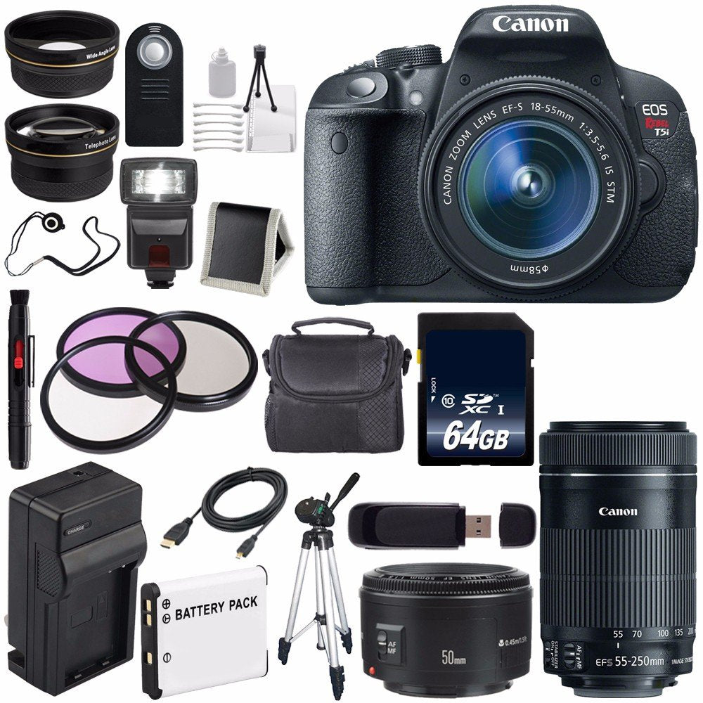 Canon EOS Rebel T5i 18 MP CMOS Digital SLR Camera w/EF-S 18-55mm f/3.5-5.6 Lens (International Model) + Canon EF 50mm f/