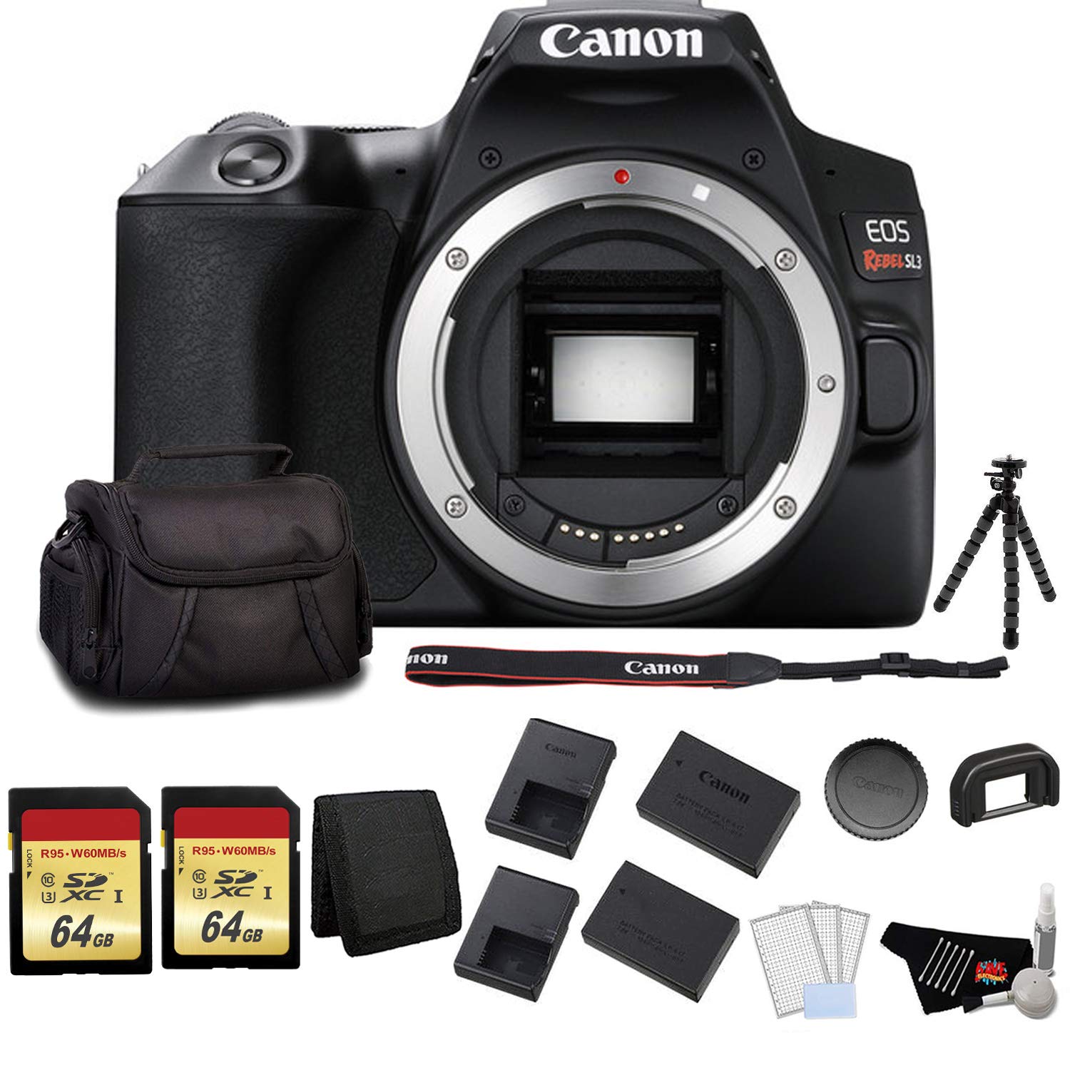 Canon EOS Rebel SL3 DSLR Camera (Black, Body Only) Bundle with 2x64GB Memory Card + Battery for CanonLPE17 + LCD Screen