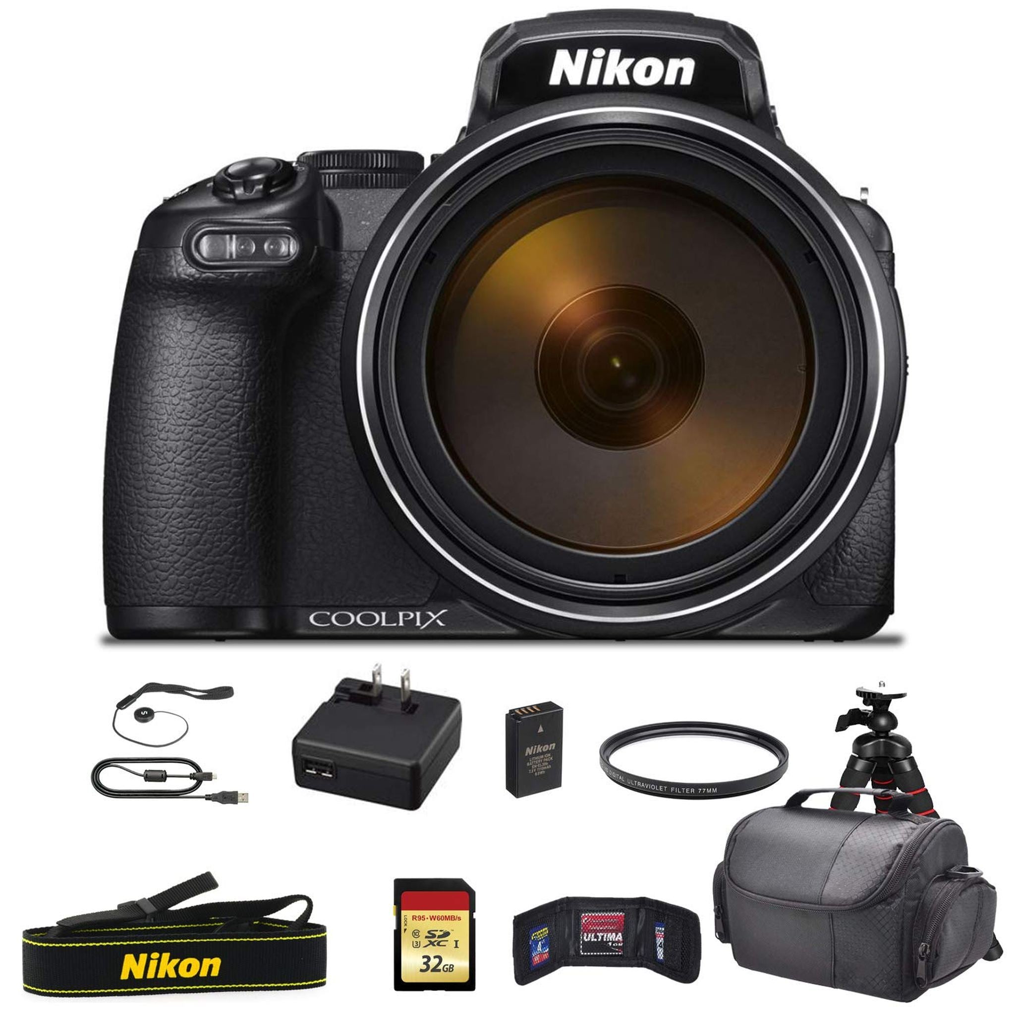 Nikon COOLPIX P1000 16.7 Digital Camera with 3.2" LCD, Black - Bundle Kit with 32GB Memory Card + UV Filter + Carrying Case + More
