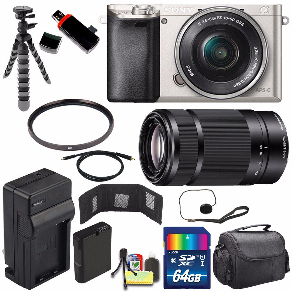 Sony Alpha a6000 Mirrorless Digital Camera with 16-50mm Lens (Silver) + Sony E 55-210mm f/4.5-6.3 OSS E-Mount Lens 64GB Travel Bundle