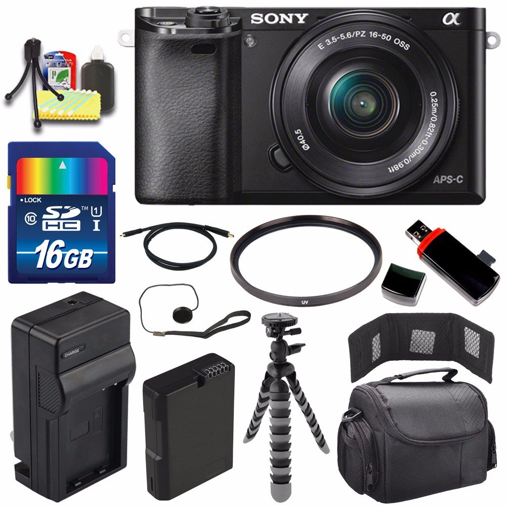 Sony Alpha a6000 Mirrorless Digital Camera with 16-50mm Lens (Black) + Battery + Charger + 16GB Bundle 1 - International