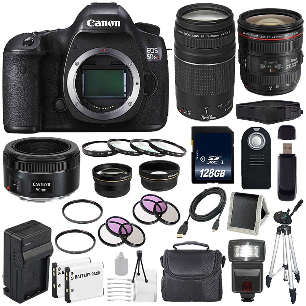 Canon EOS 5DS R DSLR Camera (International Model) 0582C002 + Canon EF 24-70mm f/4L is USM Lens + Canon EF 75-300 III Advanced Bundle