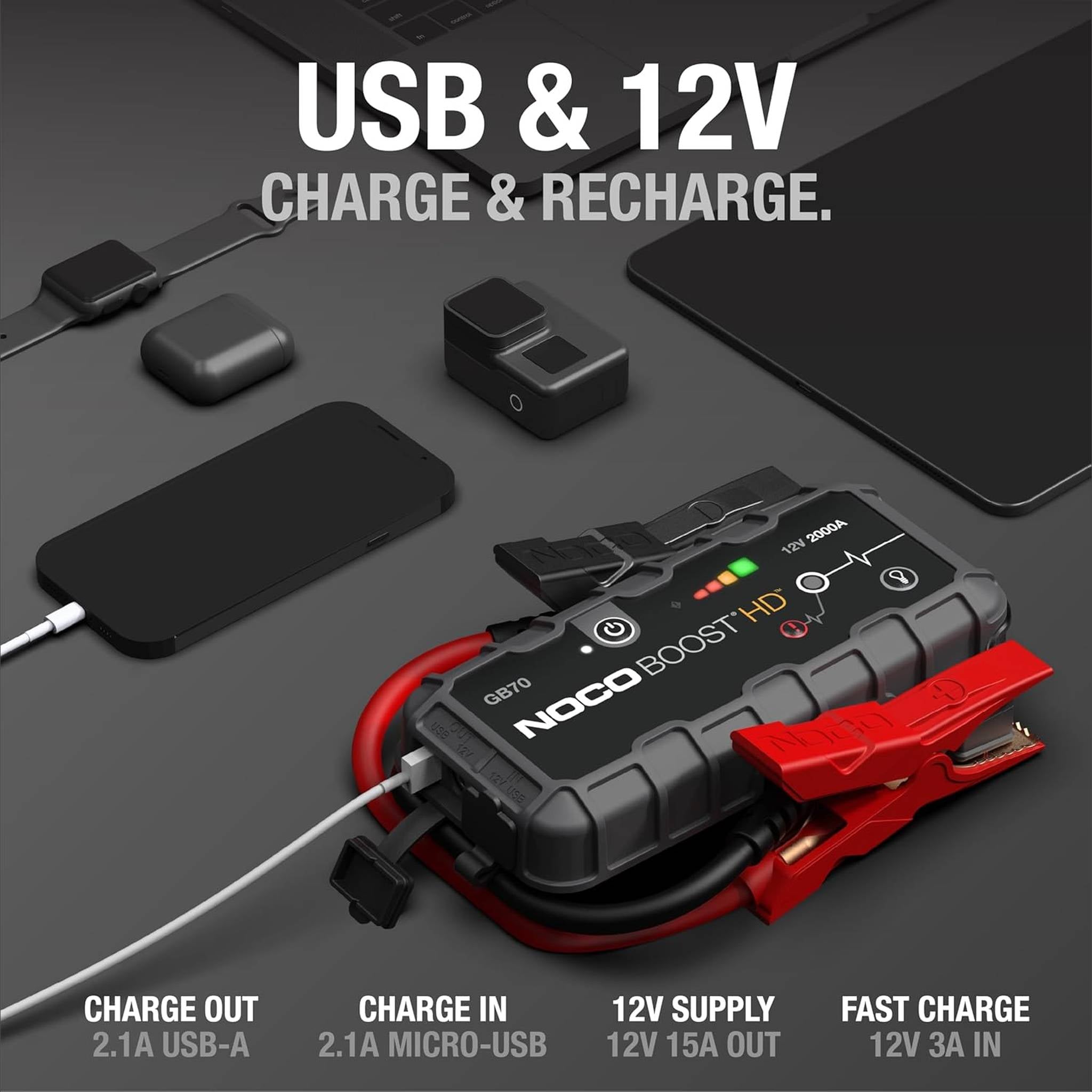 NOCO Boost HD GB70 2000A UltraSafe Car Battery Jump Starter, 12V Battery Booster Pack, Jump Box, Portable Charger and Jumper Cables for 8.0L Gasoline and 6.0L Diesel Engines NOCO
