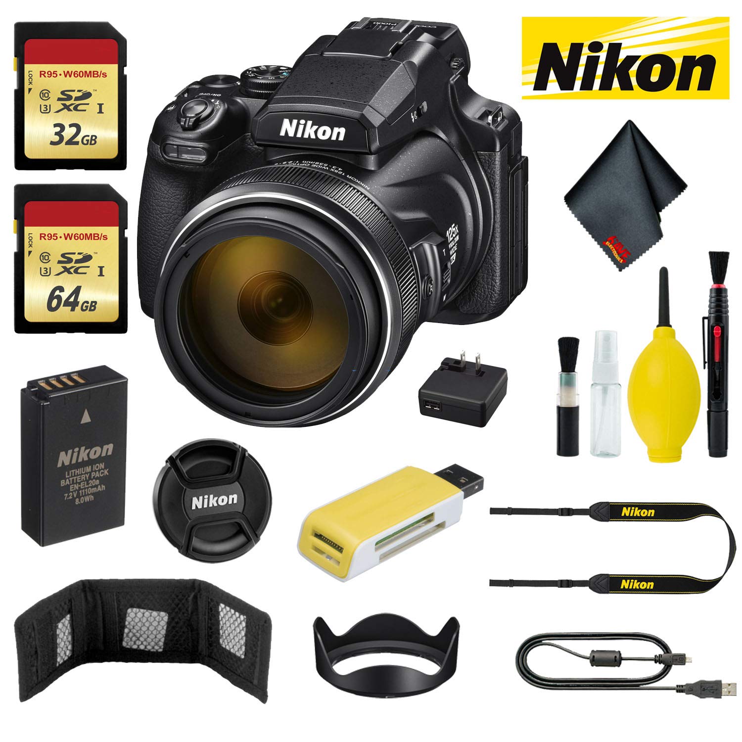 Nikon COOLPIX P1000 Digital Camera with 32GB + 64GB Memory Card, Memory Card Wallet, USB Card Reader and Cleaning Kit