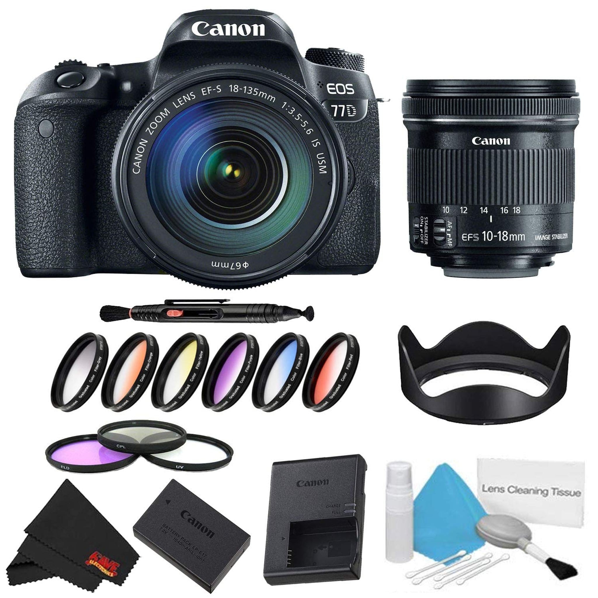 Canon EOS 77D DSLR Camera with 18-135mm Lens Bundle w/ 9 Piece Filter Kit + Bonus 10-18mm Lens International Model Canon