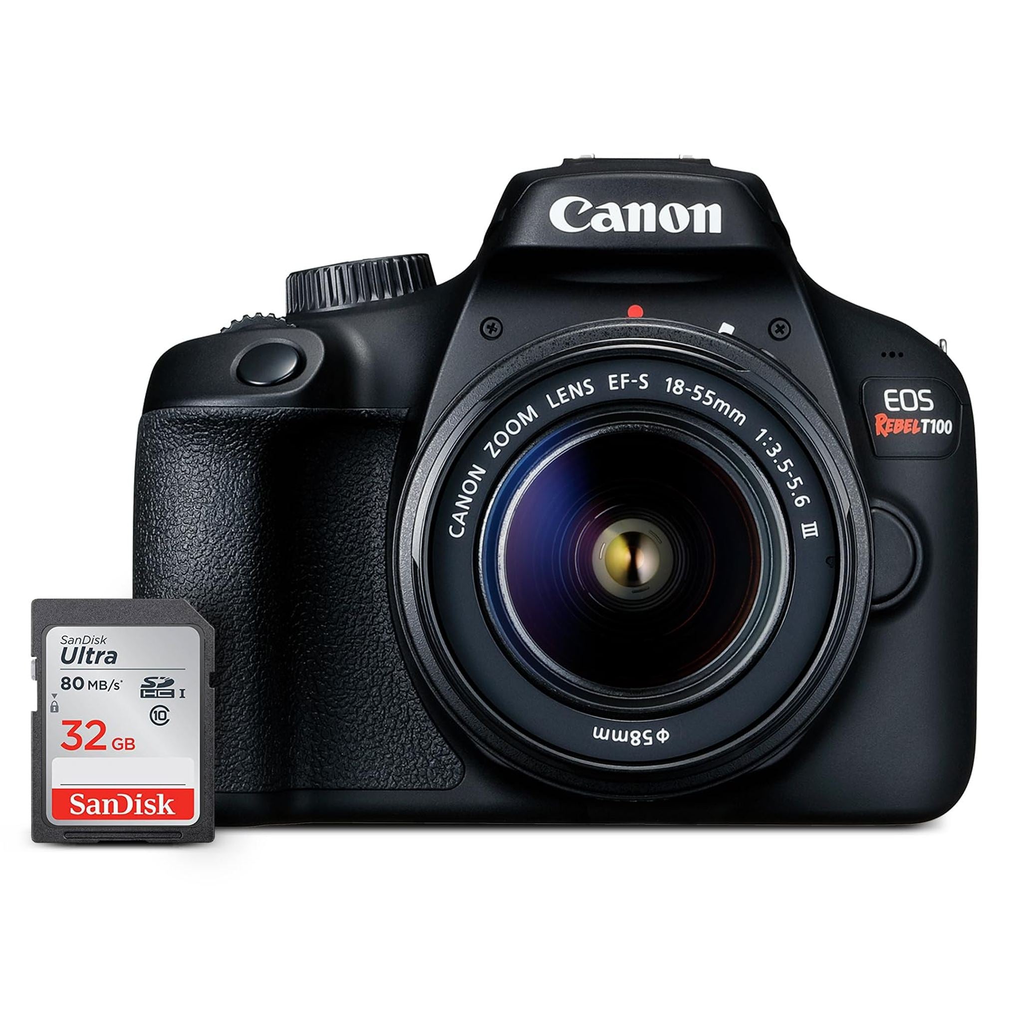Canon EOS Rebel T100 DSLR Camera with EF-S 18-55mm f/3.5-5.6 III Lens, 18MP APS-C CMOS Sensor, Built-in Wi-Fi, Optical Viewfinder, Impressive Images & Full HD Videos, Includes 32GB SD Card