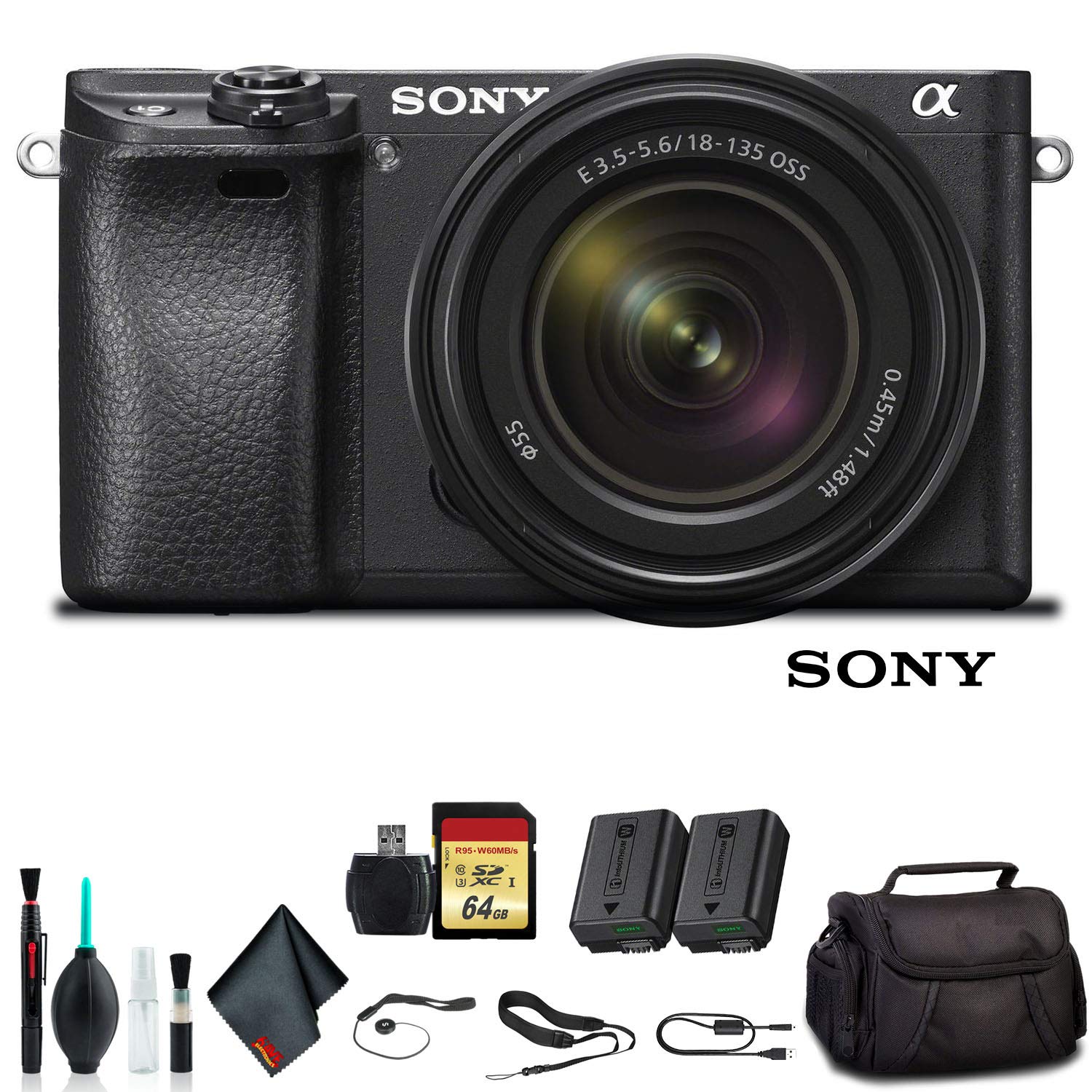 Sony Alpha a6500 Mirrorless Camera with 18-135mm Lens ILCE-6500M/B With Soft Bag, Additional Battery, 64GB Memory Card, Card Reader , Plus Essential Accessories