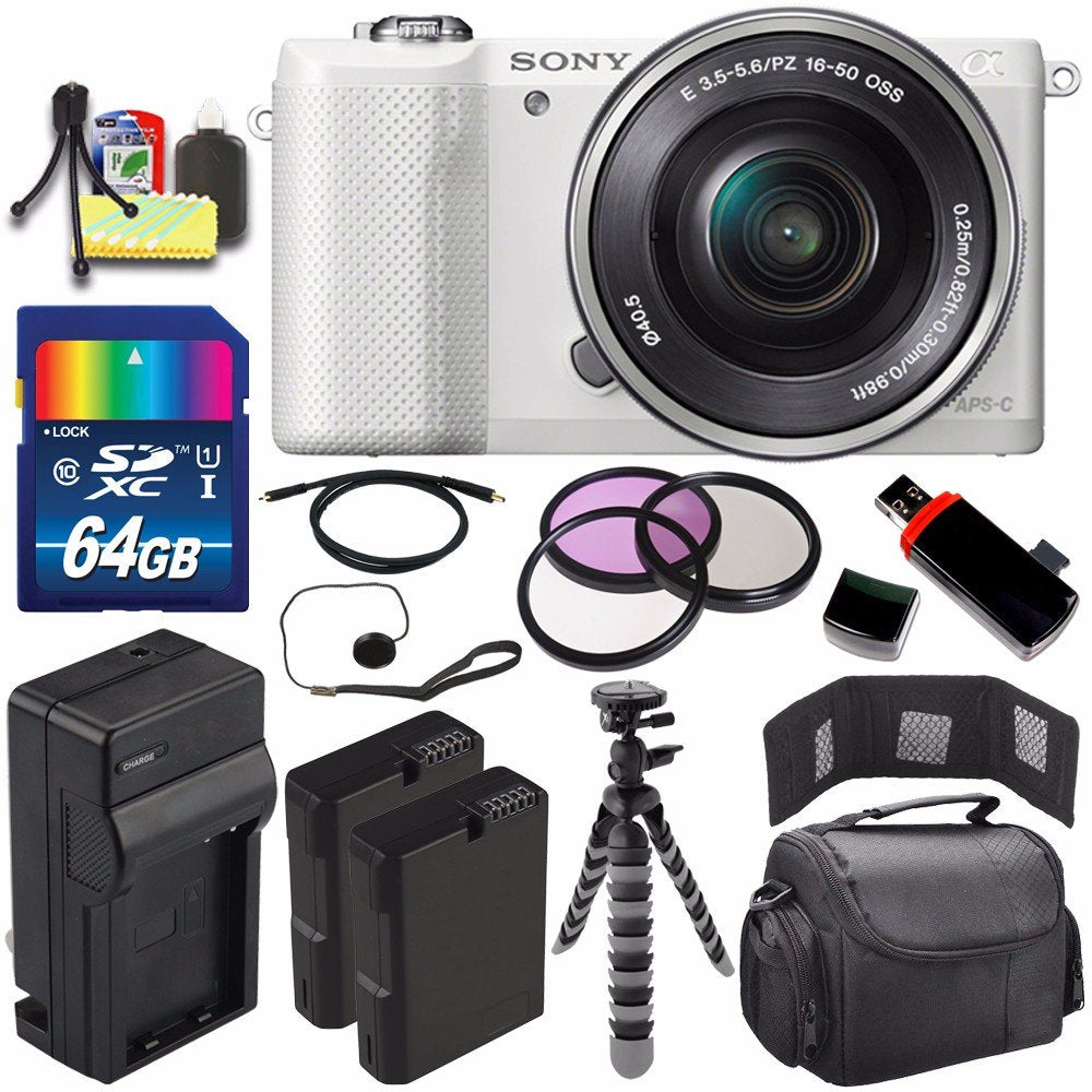 Sony Alpha a5000 Mirrorless Digital Camera with 16-50mm Lens (White) + Battery + Charger + 64GB Bundle 6 - International