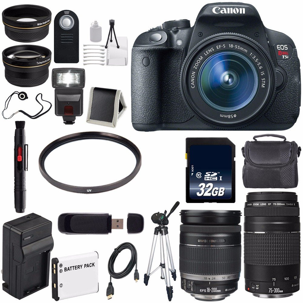Canon EOS Rebel T5i 18 MP CMOS Digital SLR Camera w/EF-S 18-55mm f/3.5-5.6 Lens (International Model) + EF-S 18-200mm is