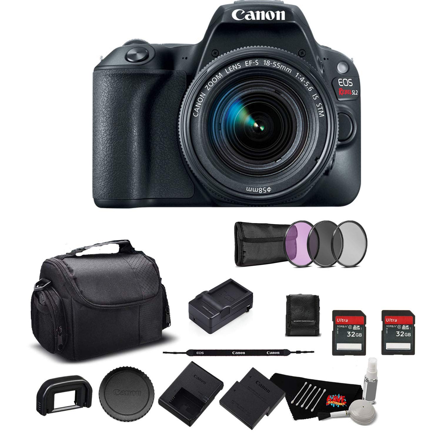 Canon EOS Rebel SL2 Digital SLR Camera with 18-55mm Lens 2249C002 International Model - Bundle with Two 32GB Memory Card