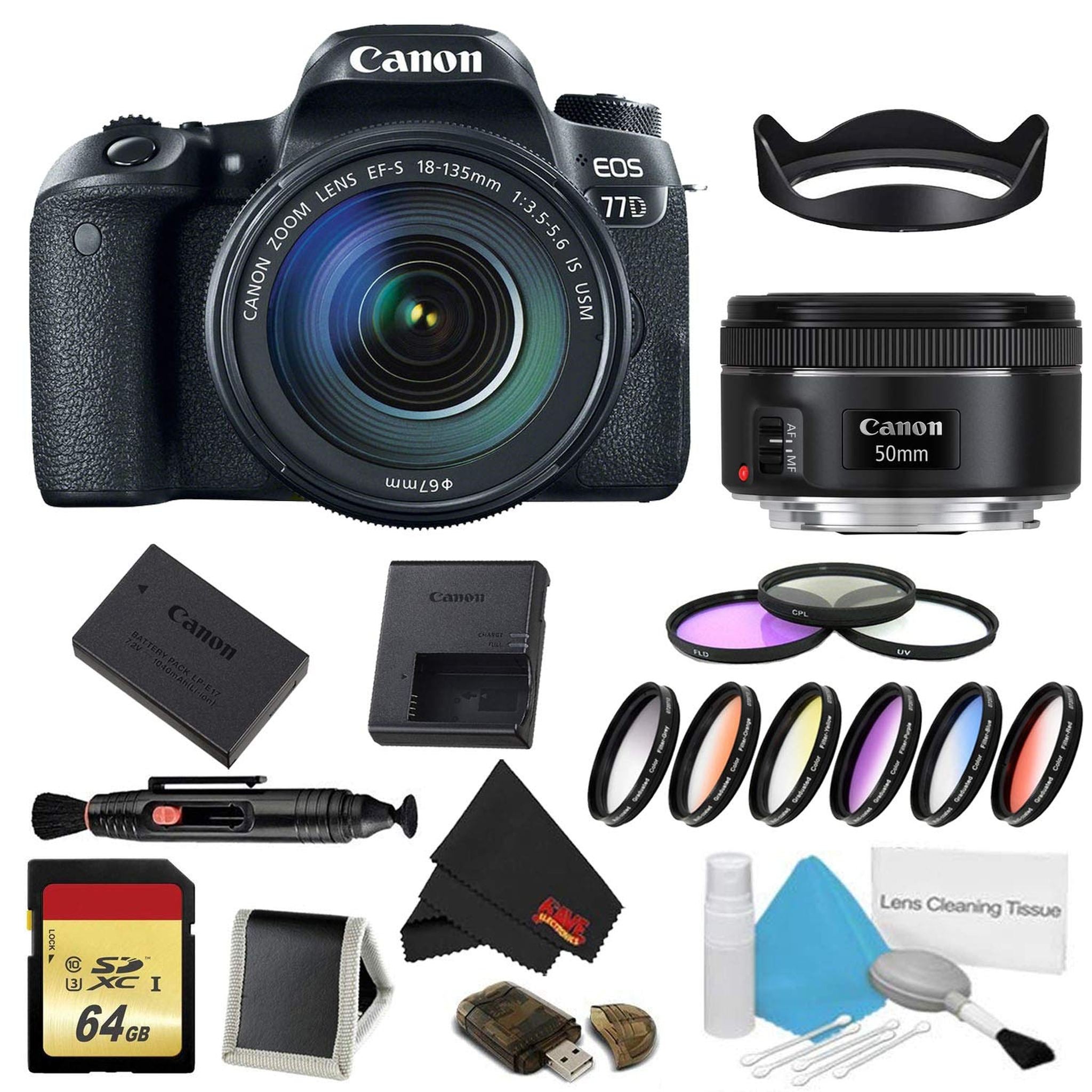 Canon EOS 77D DSLR Camera with 18-135mm Lens Bundle w/ 9 Piece Filter & Memory Kit + Bonus 50mm Lens International Mode Canon
