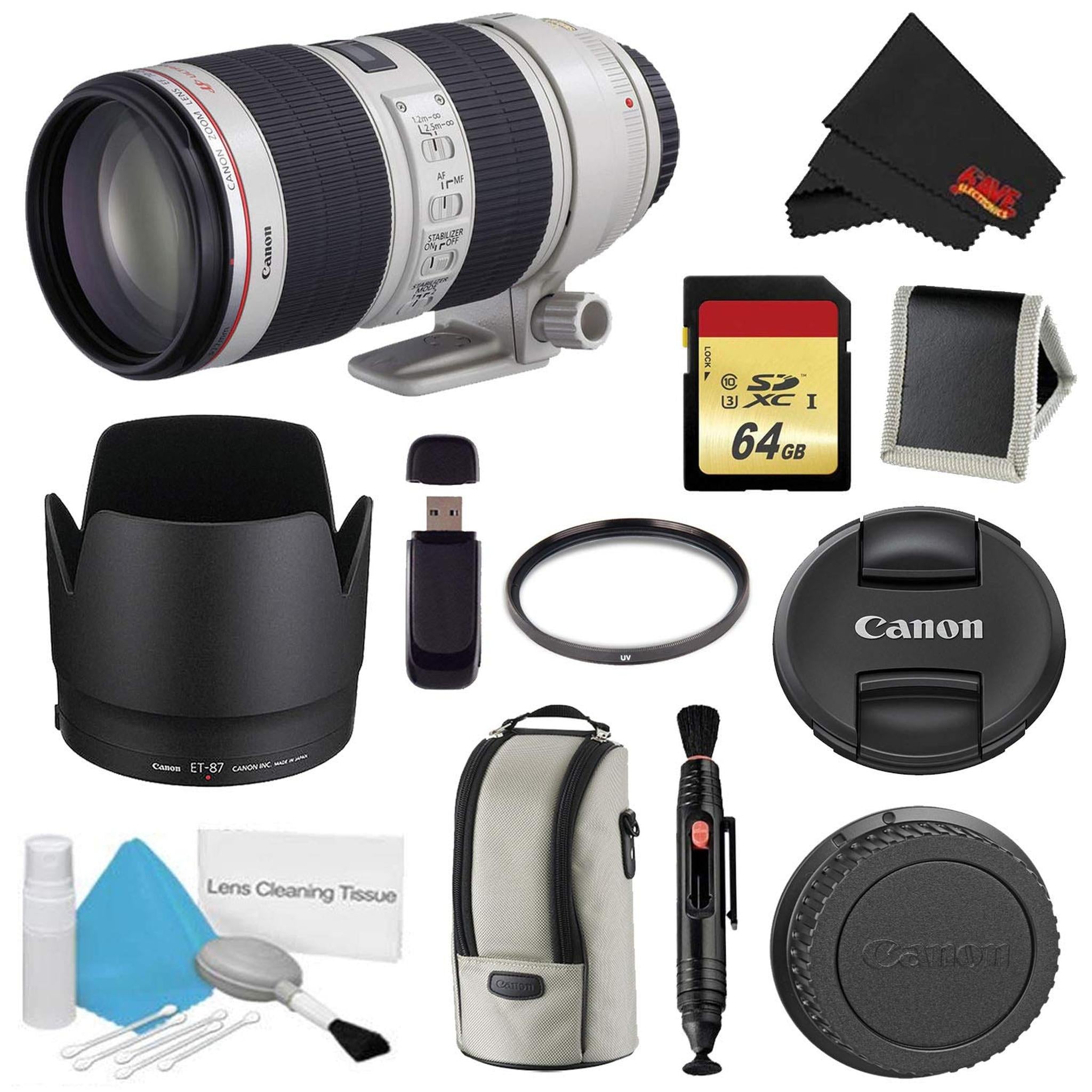 Canon EF 70-200mm f/2.8L is II USM Lens Bundle w/ 64GB Memory Card + Accessories UV Filter International Model Canon