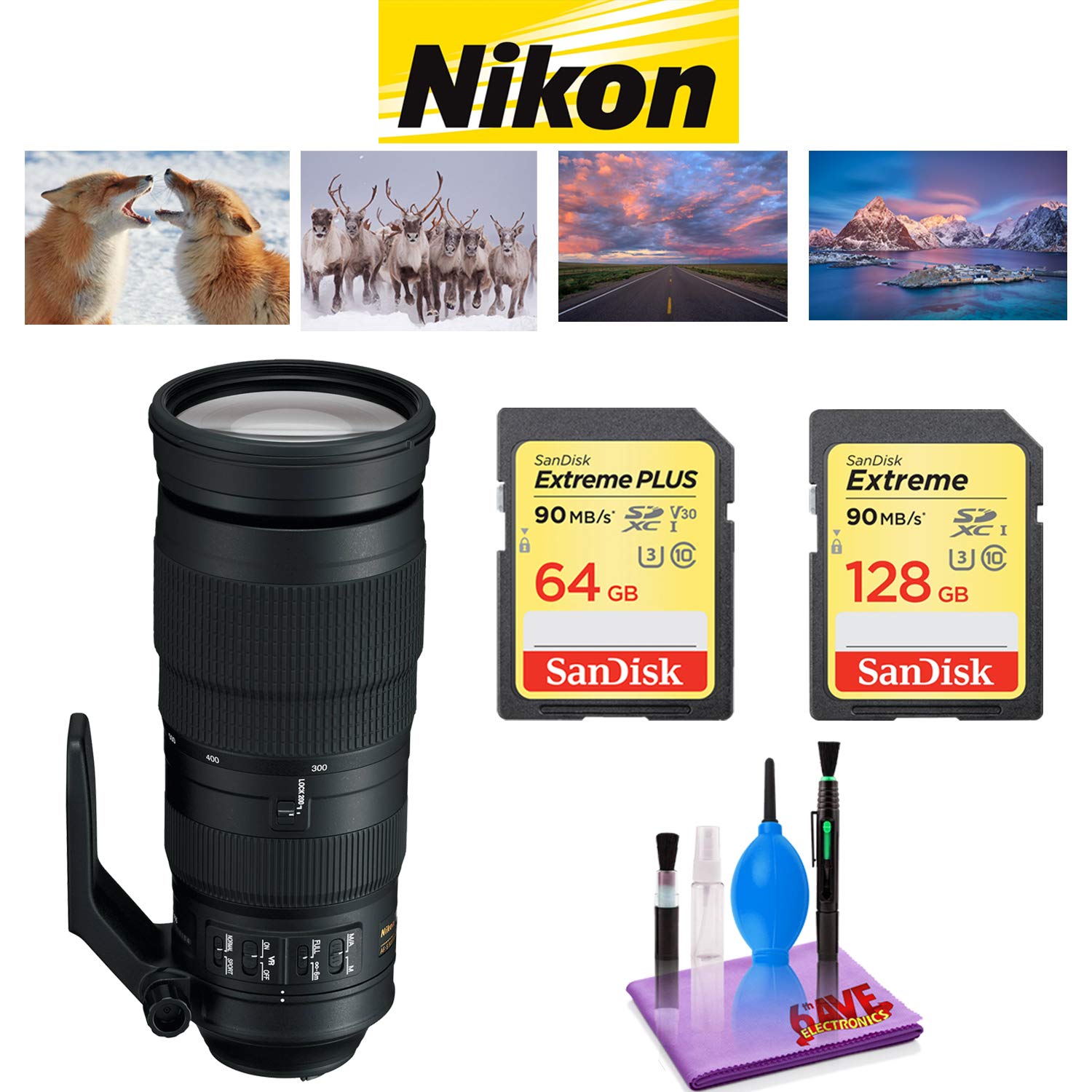 Nikon AF-S NIKKOR 200-500mm f/5.6E ED VR Lens with Sandisk 64GB and 128GB Extreme Memory Card SDXCUHS-I