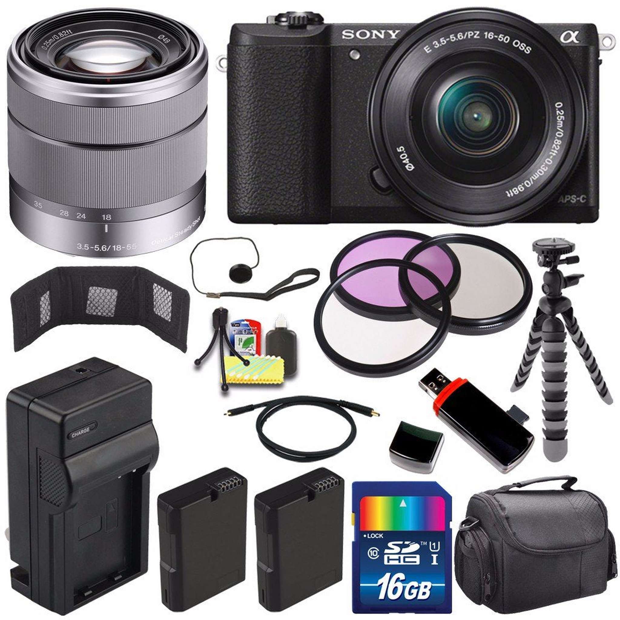 Sony Alpha a5100 Mirrorless Digital Camera with 16-50mm Lens Black + Sony SEL 1855 18-55mm Zoom Lens + 16GB Bundle 13 SONY