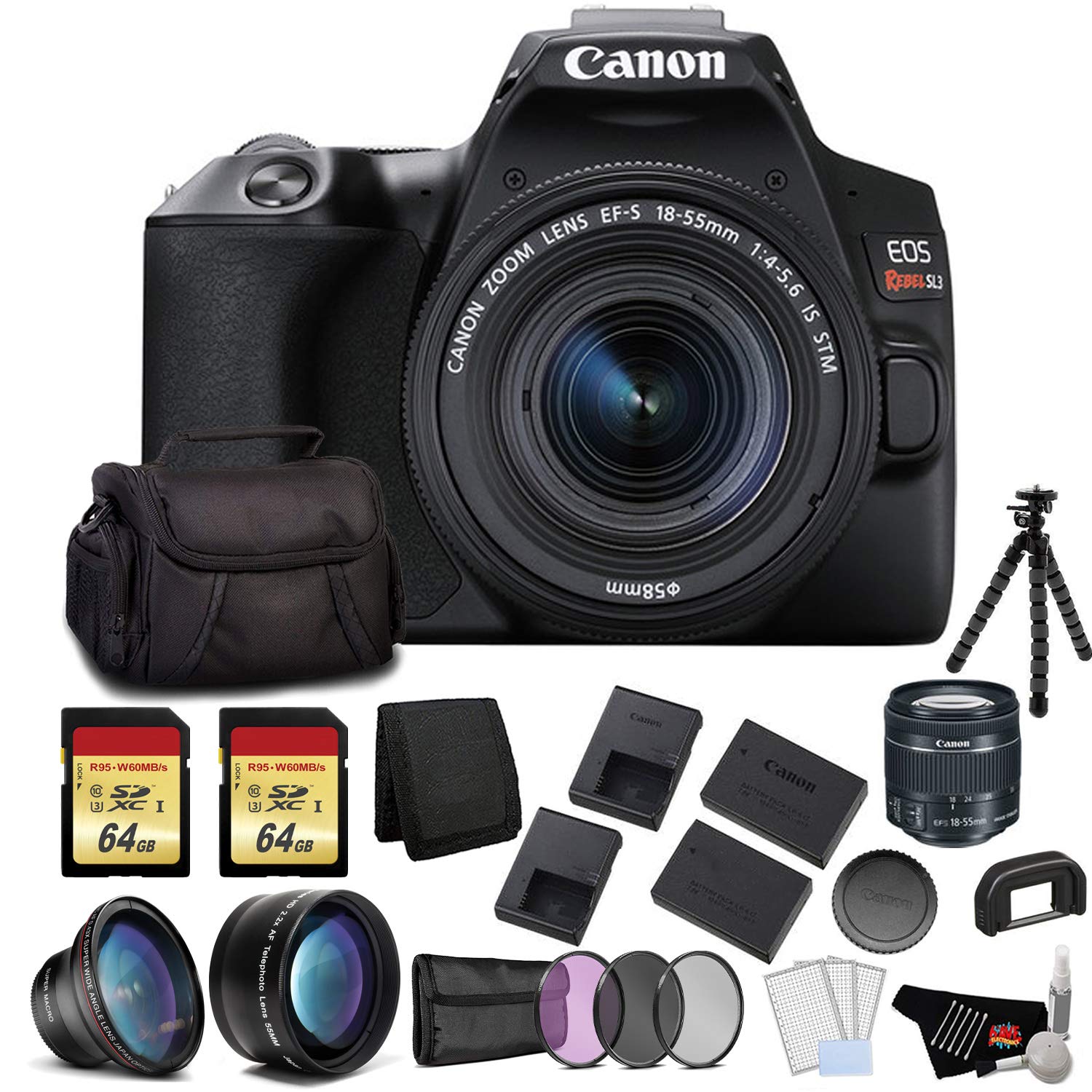 Canon EOS Rebel SL3 DSLR Camera with 18-55mm Lens (Black) Bundle with 2x64GB Memory Card + Battery for CanonLPE17 + LCD