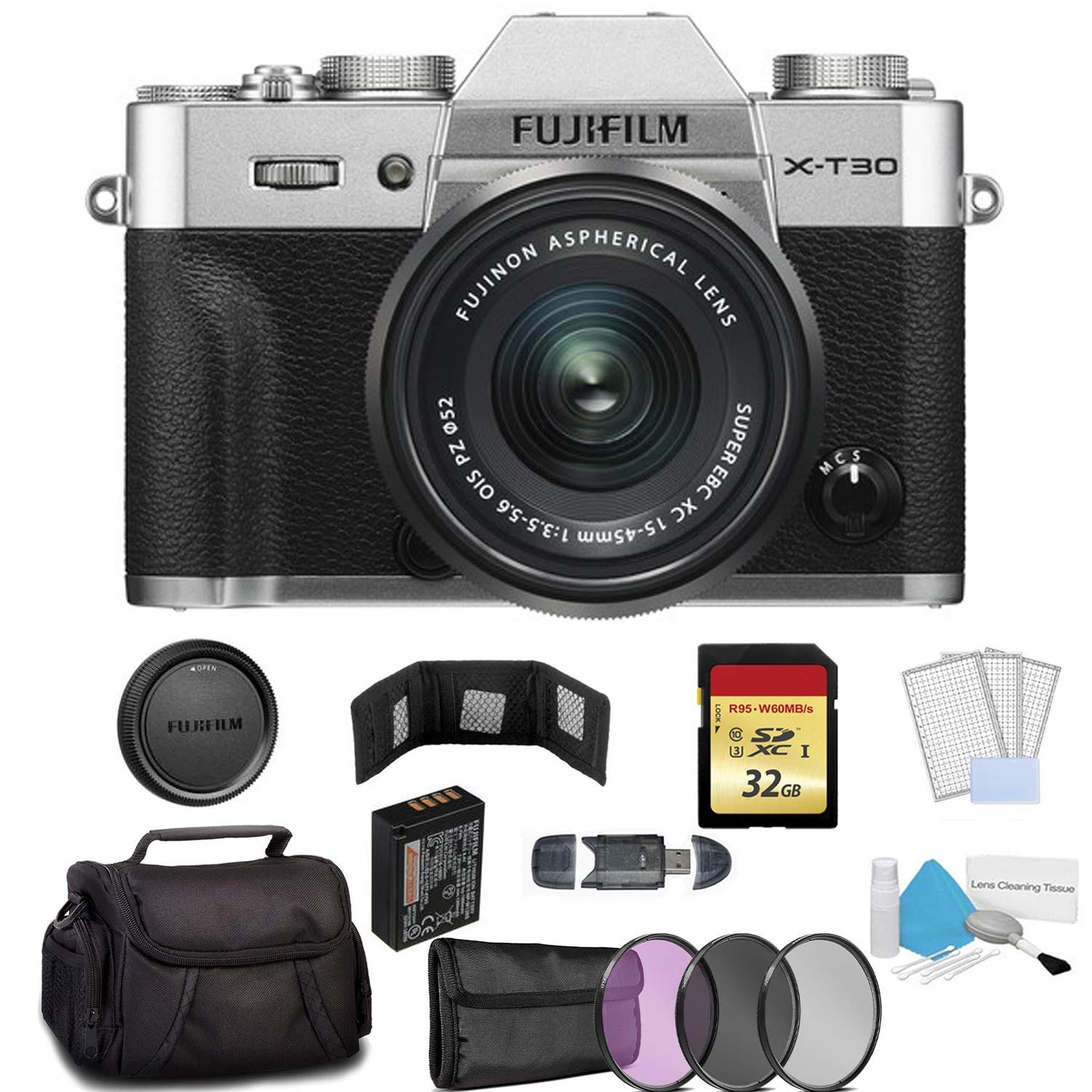 FUJIFILM X-T30 Mirrorless Digital Camera with 15-45mm Lens 16619061 Silver - Bundle with 32GB Memory Card + Carrying Case + More