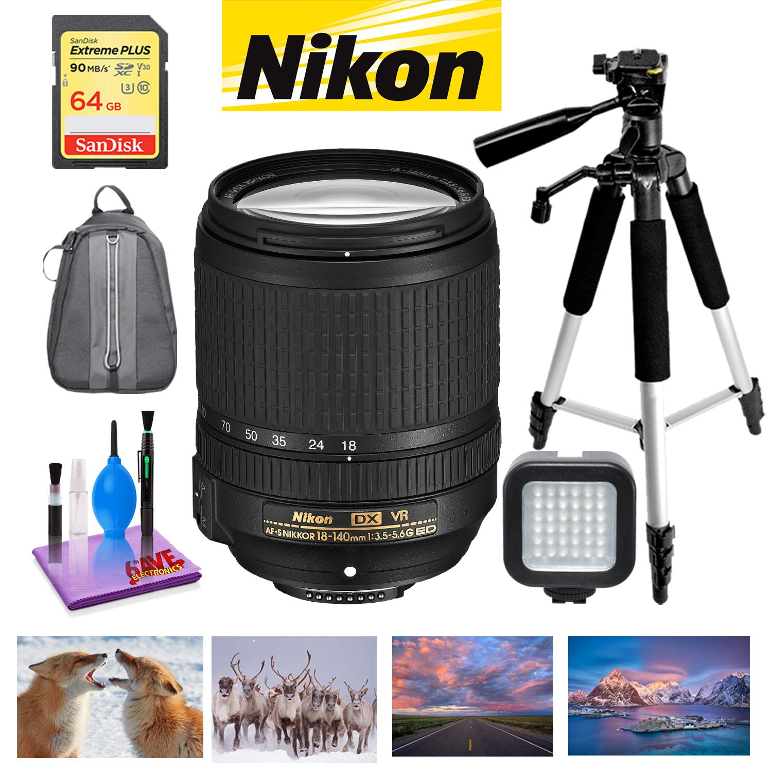 NIKON 18-140MM F/3.5-5.6G ED AF-S DX VR Lens with Sandisk 64GB Memory, Portable LED Light, and Deluxe Padded Backpack