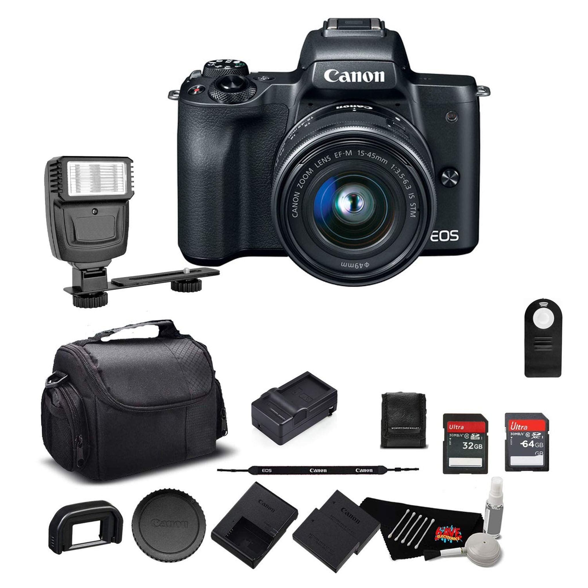 Canon EOS M50 Mirrorless Digital Camera with 15-45mm Lens and 4K Video 2680C011 Bundle w/Memory Cards, Digital Slave Fla Canon