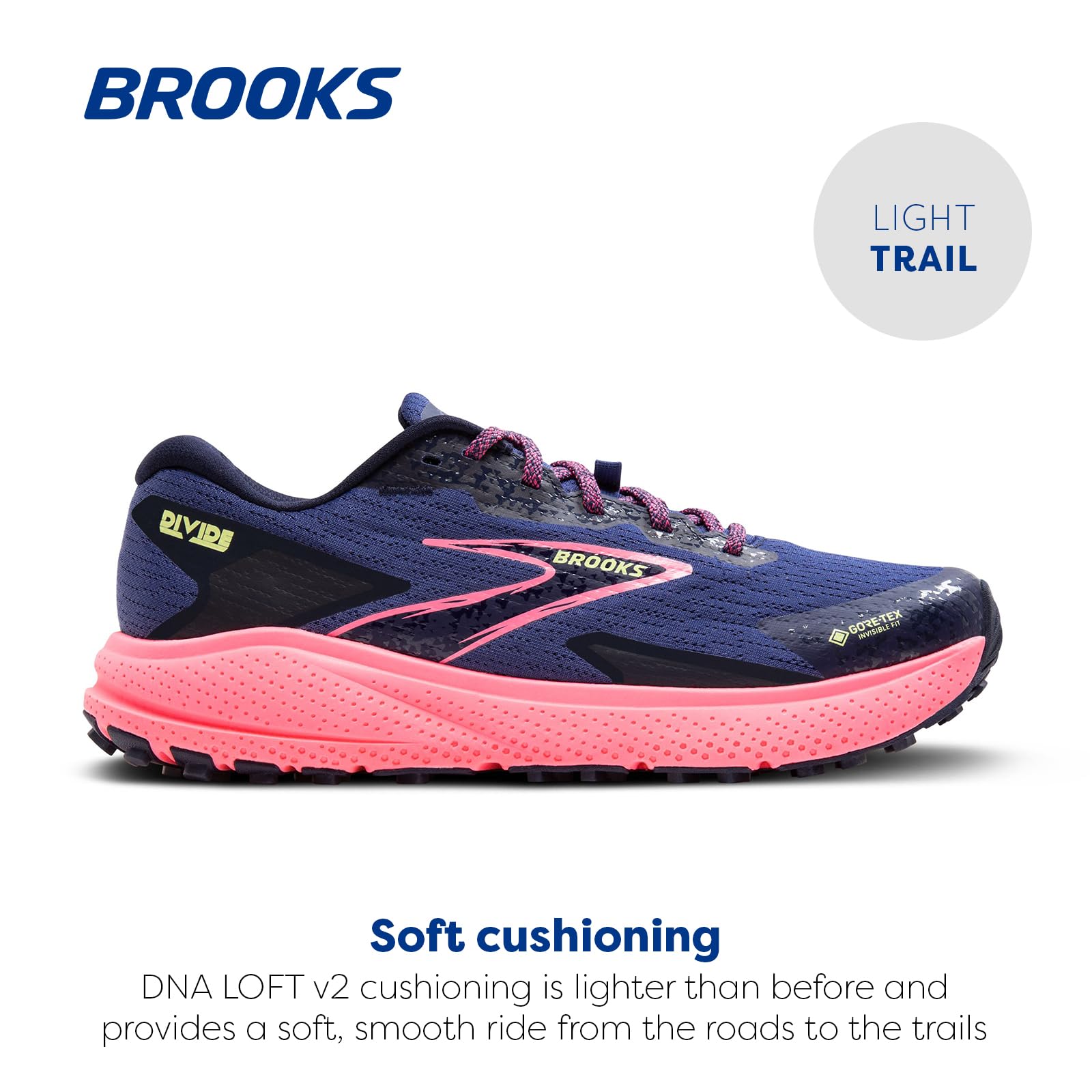 Brooks Women’s Divide 5 GTX Waterproof Trail Running Shoe - Grey Blue/Pink/Lime - 8 Medium