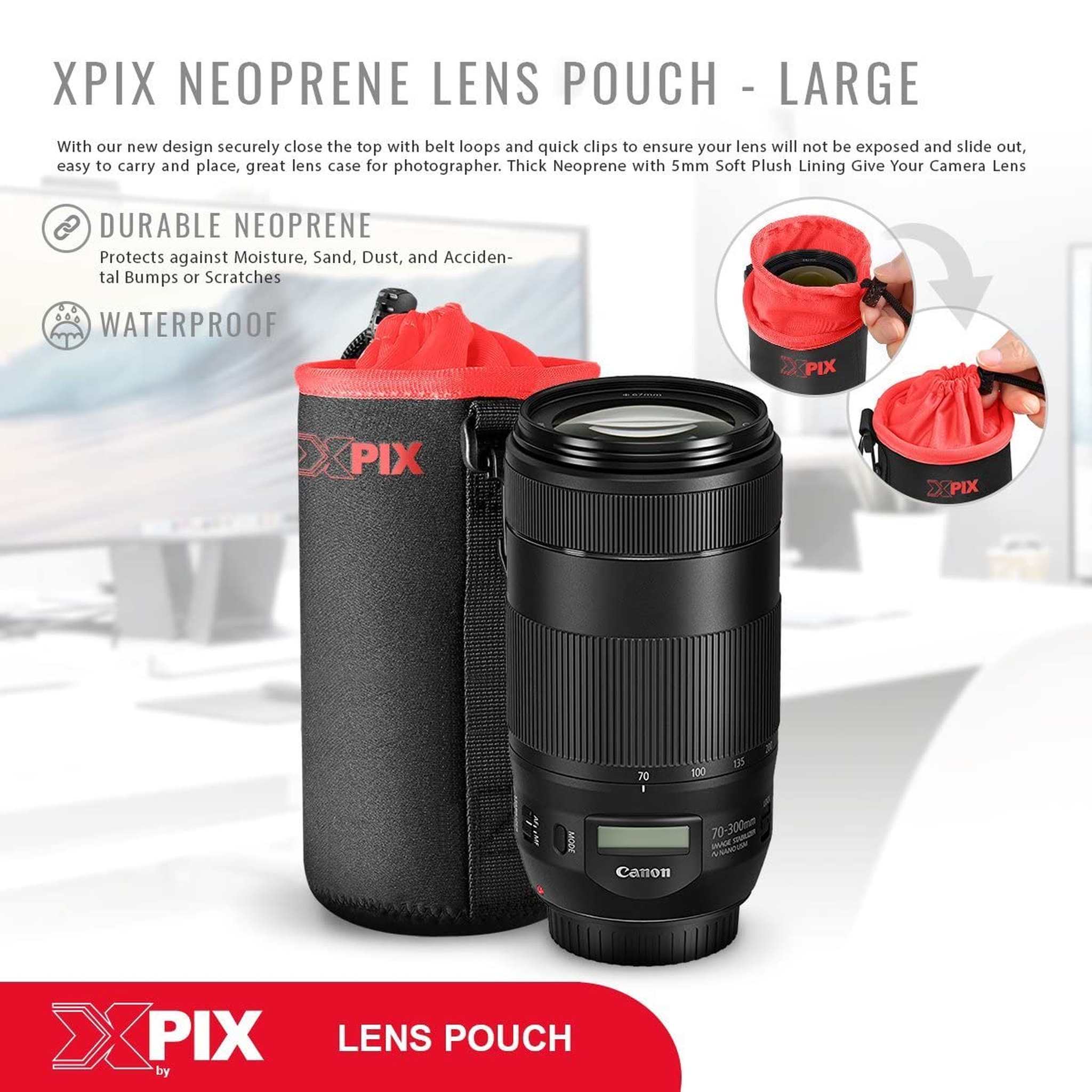 XPIX Large Neoprene Pouch Bag for DSLR Camera Lens Canon, Nikon, Fujifilm, Sony, Olympus, Panasonic, and More XPIX