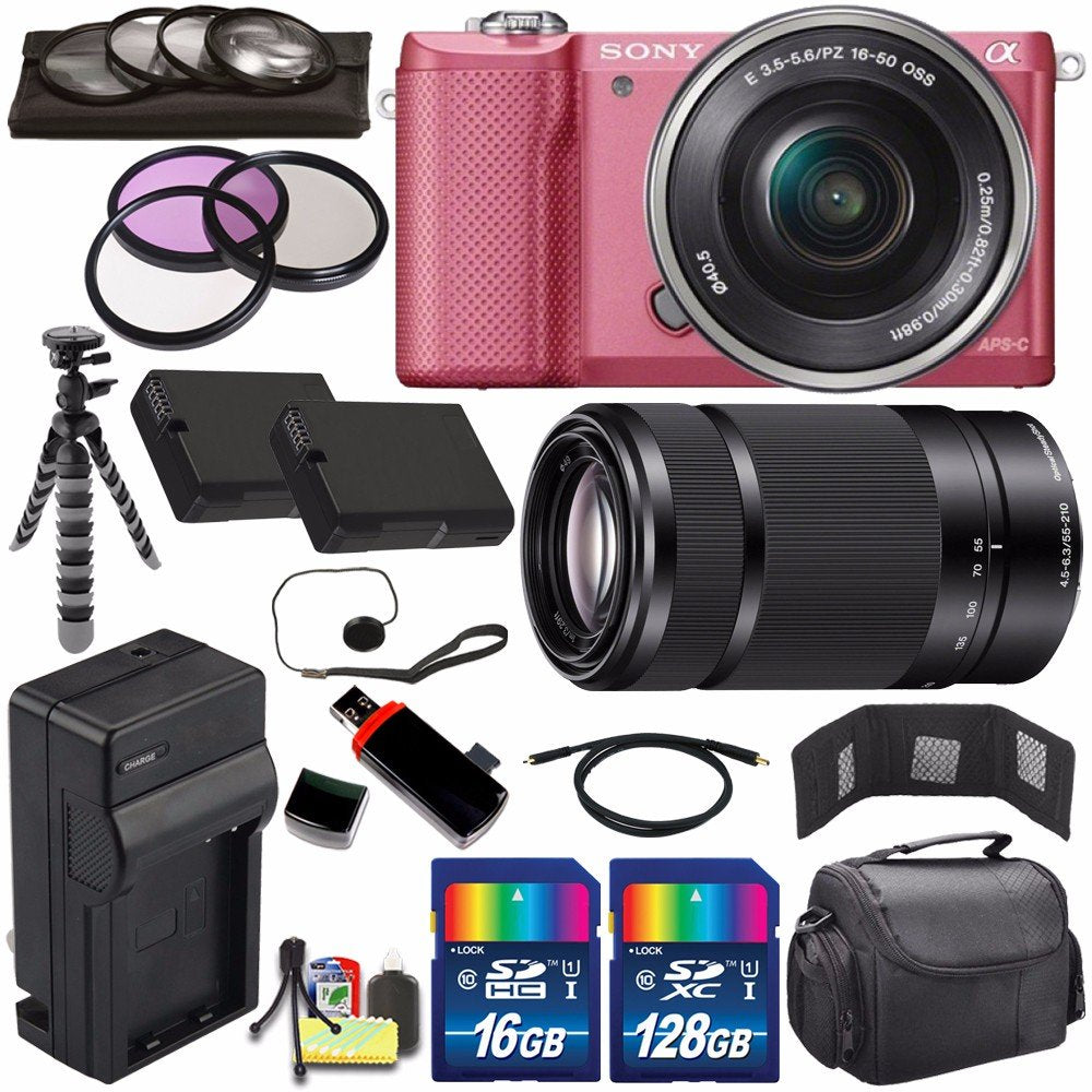 Sony Alpha a5000 Mirrorless Digital Camera with 16-50mm Lens (Pink) + Sony E 55-210mm f/4.5-6.3 OSS E-Mount Lens 144GB B