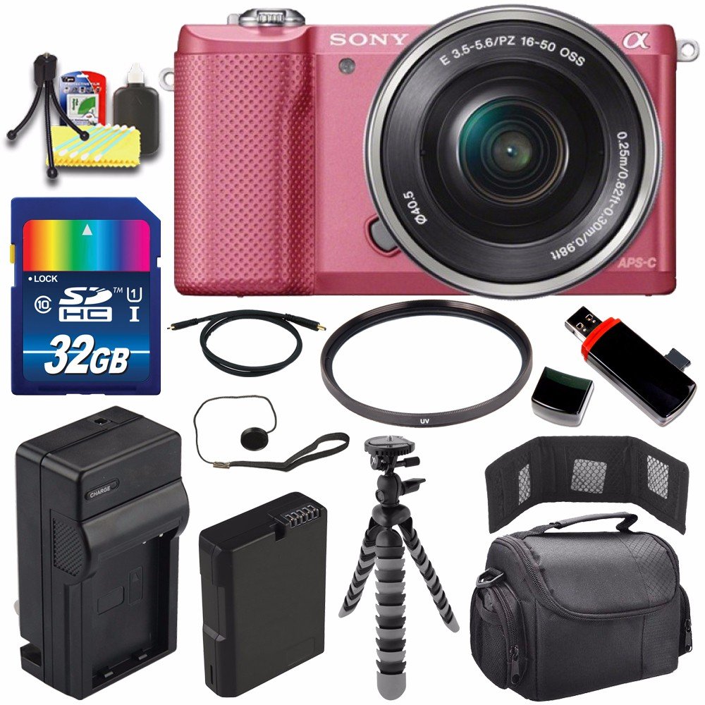 Sony Alpha a5000 Mirrorless Digital Camera with 16-50mm Lens (Pink) + Battery + Charger + 32GB Bundle 2 - International