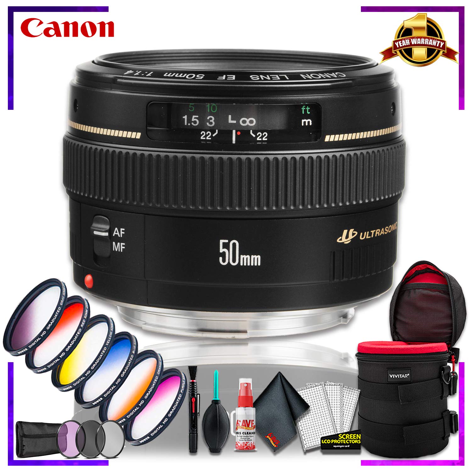 Canon EF 50 1.4 USM 58MM Lens (International Model) + 4.5 inch Vivitar Premium Lens Case + Vivitar Graduated Color Filte