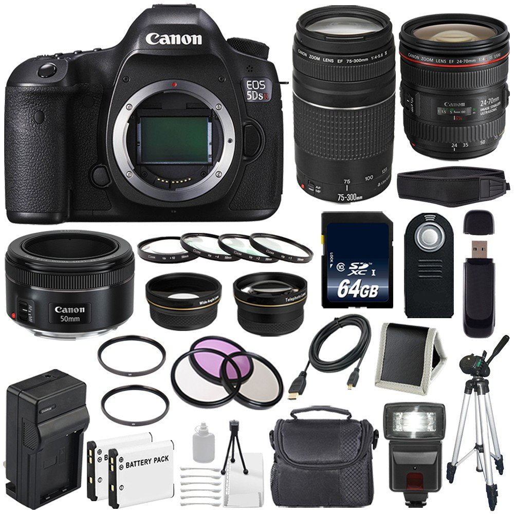 Canon EOS 5DS R DSLR Camera (International Model) 0582C002 + Canon EF 24-70mm f/4L is USM Lens + Canon EF 75-300 III Supreme Bundle