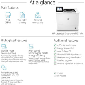 HP LaserJet Enterprise M611dn Monochrome Printer with built-in Ethernet & 2-sided printing 7PS84A