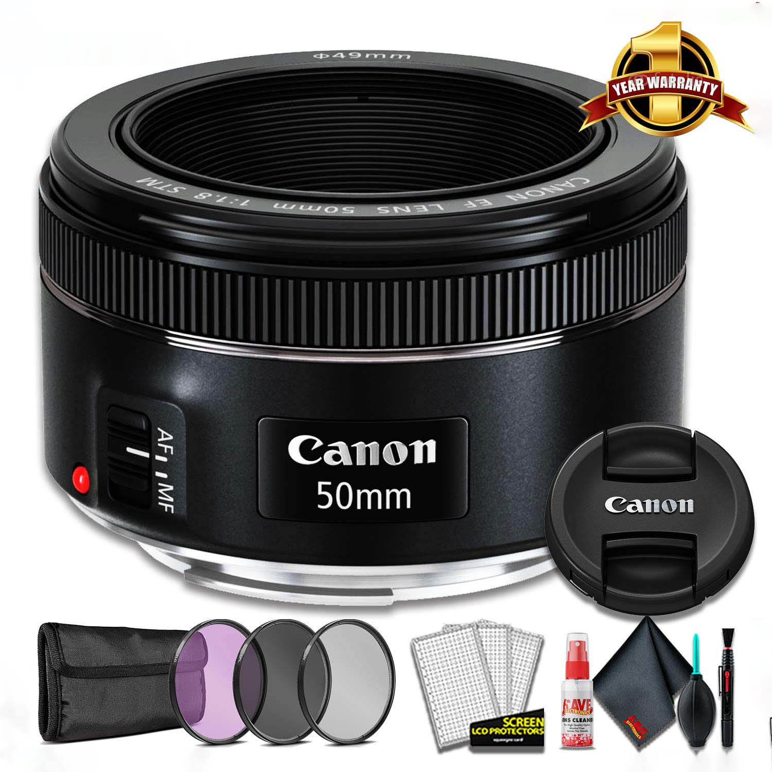Canon EF 50 F 1.8 STM Lens Camera Lens (International Model) + 3 Pcs Filter Kit + Cleaning Kit