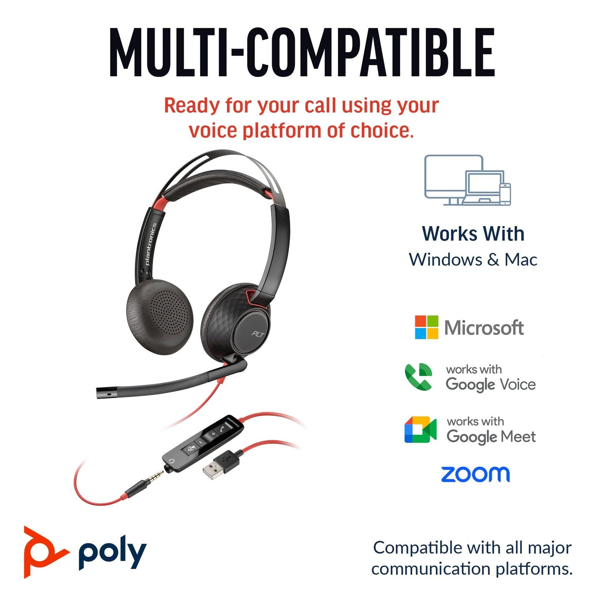 Plantronics Poly Blackwire 5220 Stereo USB-C Headset +3.5mm Plug +USB-C/A Adapter Plantronics