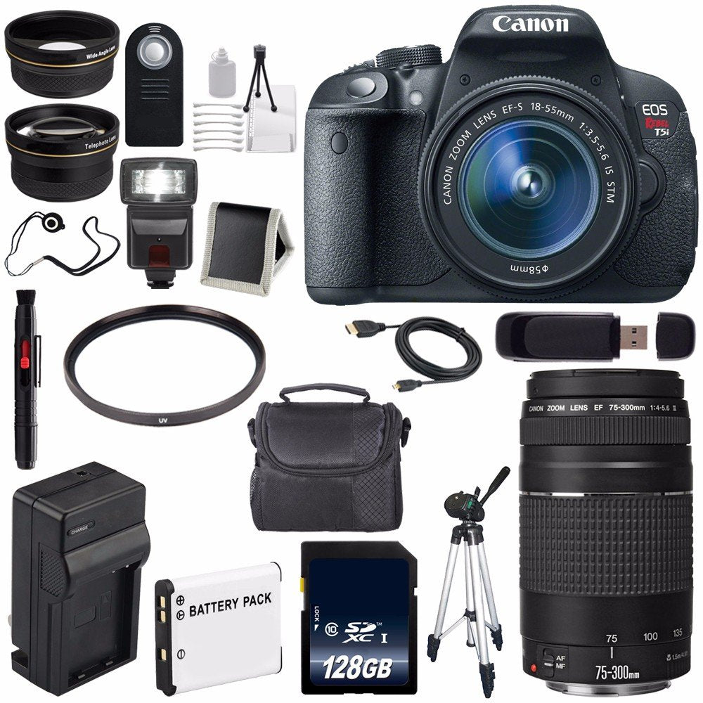 Canon EOS Rebel T5i 18 MP CMOS Digital SLR Camera w/EF-S 18-55mm f/3.5-5.6 Lens (International Model) + Canon EF 75-300m