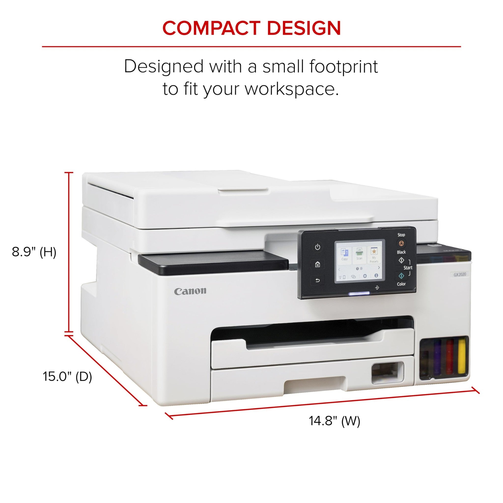 Canon MegaTank MAXIFY GX2020 All-in-One Wireless Color Printer - Print, Copy, Scan with Duplex Printing - Refillable Tank System, Compact Desktop Design - Wireless Print Scan Copy for Home & Office