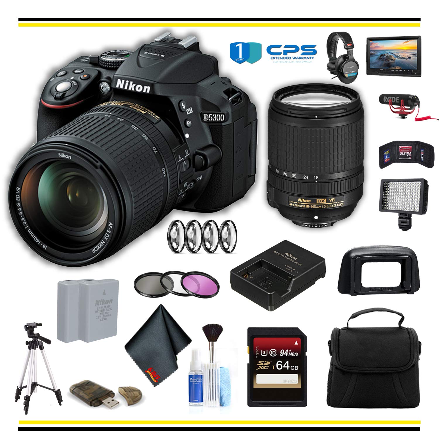 Nikon D5300 DSLR Camera with 18-140mm Lens 13303 Professional Bundle W/Bag, Extra Battery, LED Light, Mic, Filters, Tr