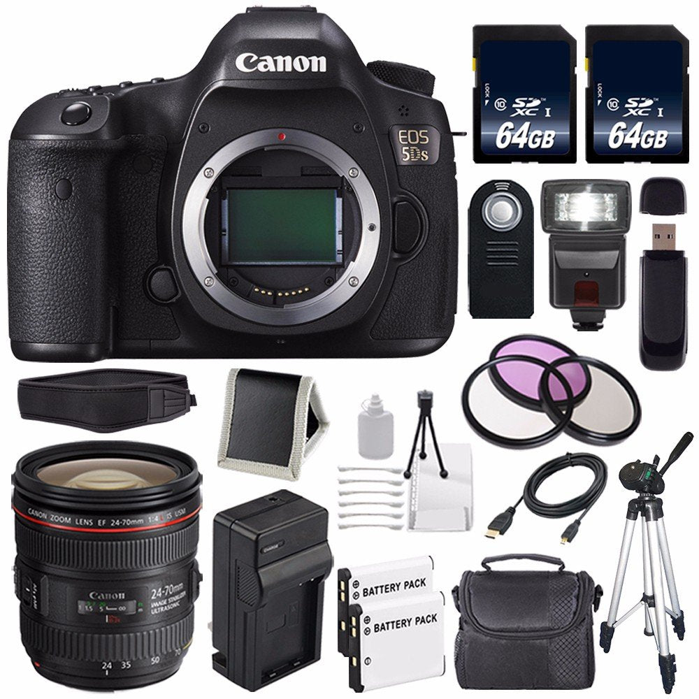Canon EOS 5DS DSLR Camera (International Model) 0581C002 + Canon EF 24-70mm f/4L is USM Lens + LP-E6 Battery + 64GB Card Storage Bundle