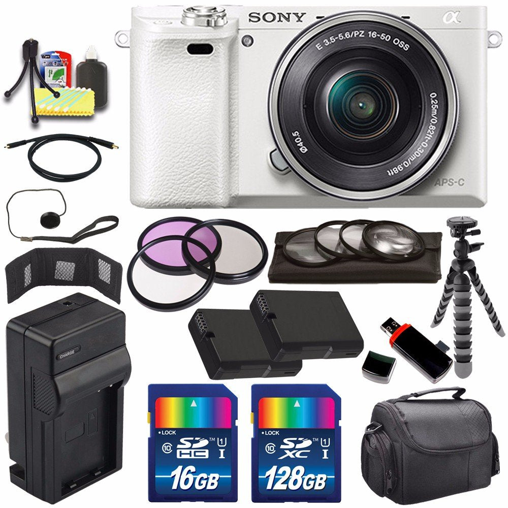 Sony Alpha a6000 Mirrorless Digital Camera with 16-50mm Lens (White) + Battery + Charger + 144GB Bundle 7 - Internationa